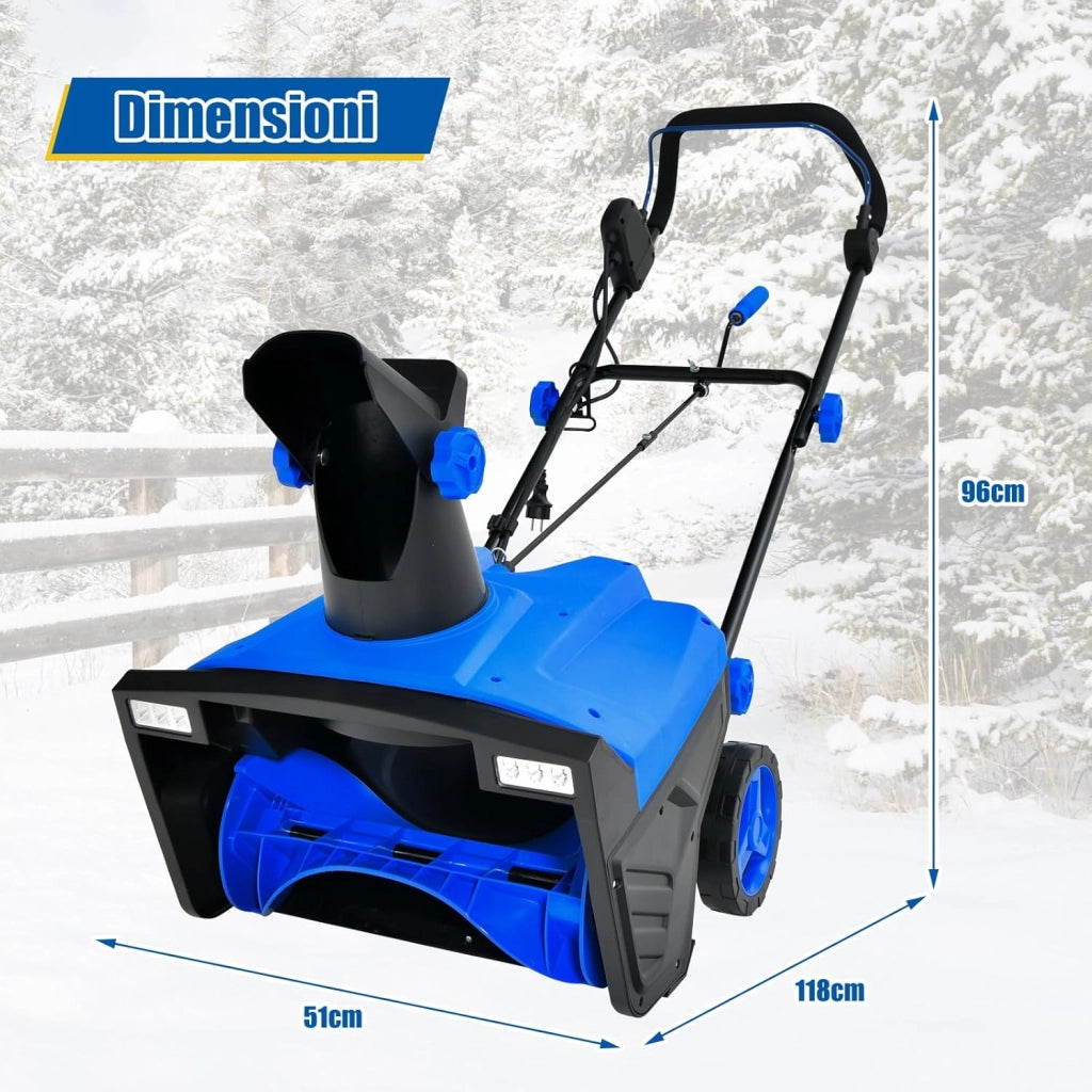 Spazzaneve Elettrico da Terra con Doppie Luci, Fresa da Neve con Scivolo Rotante a 180°, Distanza di Lancio 9 m, Macchina Sgombraneve per Giardino, Blu