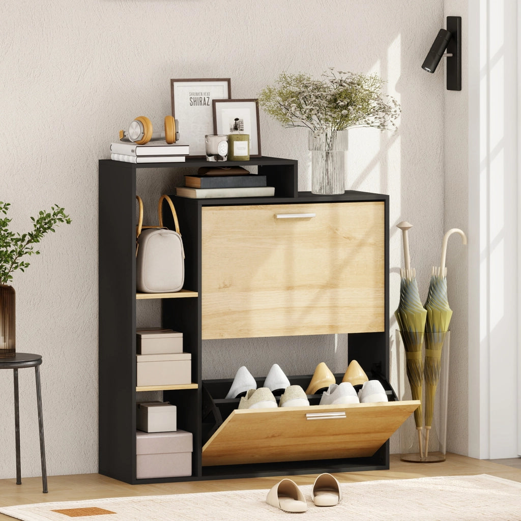 Scarpiera 8 paia con 2 cassetti e 3 scomparti aperti ¨C Minimal ¨C nero