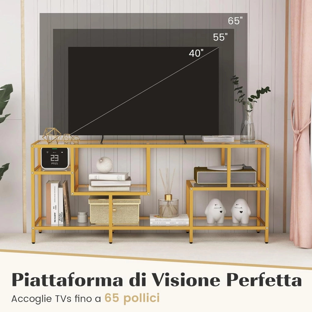 Mobile Porta TV fino a 65’’, Tavolo Consolle TV con Mensole in Vetro Temperato, Mobile TV con Struttura in Metallo, Supporto TV con Struttura in Metallo, per Soggiorno, Camera da Letto