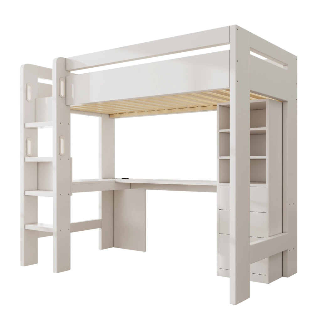 Letto a castello – 90x200 cm – scrivania L USBC ripiani – bianco
