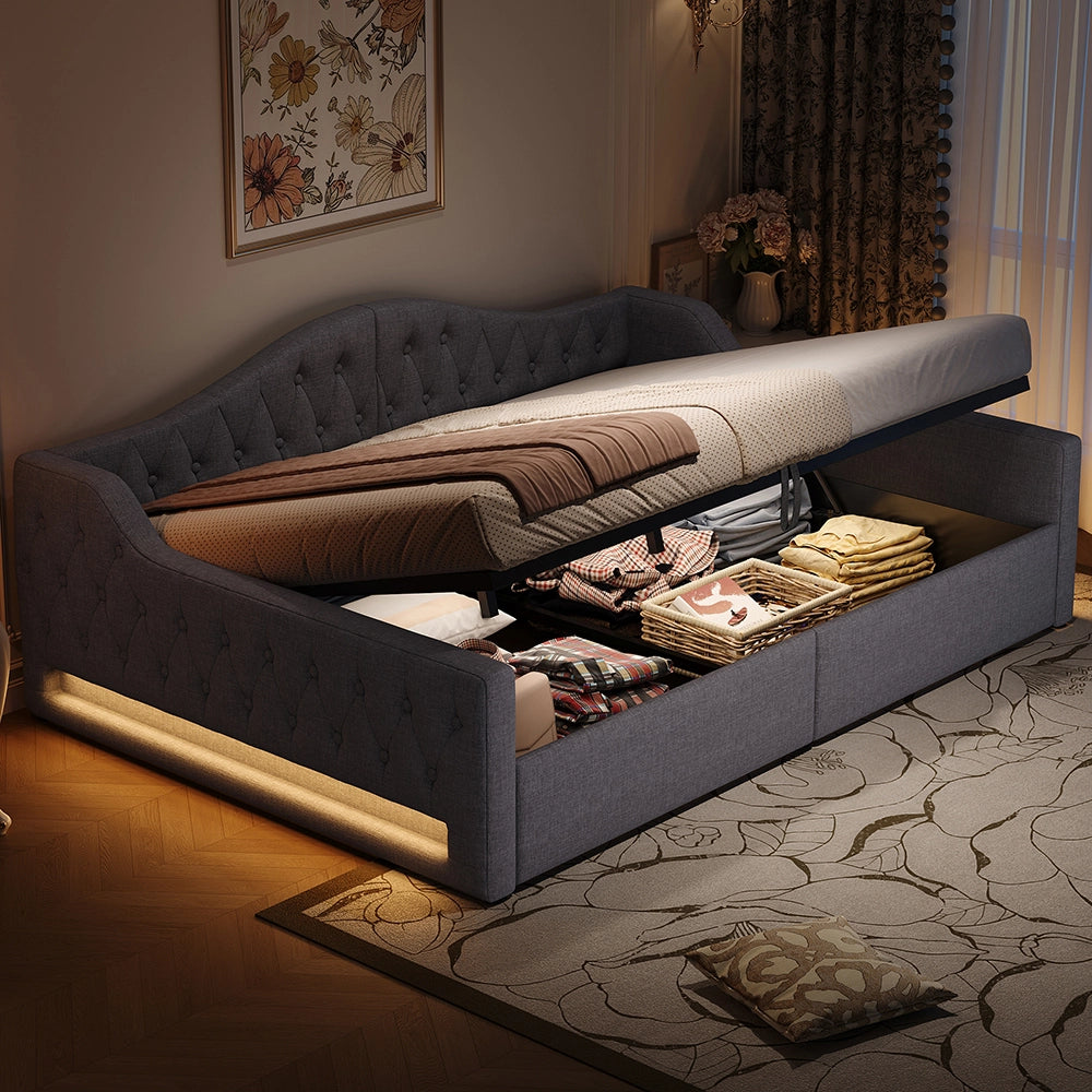 Letto imbottito - Xylo - 140x200cm LED con contenitore, grigio