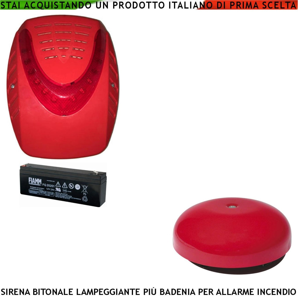 SIRENA LAMPEGGIANTE ROSSA ESTERNA CON SOTTOCOPERCHIO ANTISCHIUMA E BADENIA INTERNA SEGNALE ALLARME INCENDIO ALIMENTATE 24 VCC
