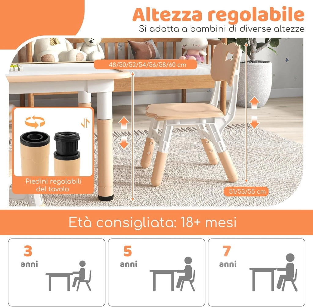 Set Tavolo e 4 Seide per Bambini, Scrivania Regolabile in Altezza con Piano Graffiti, Gambe Antiscivolo, Mobile Multifuzione con 4 Posti per Cameretta, Asilo e Scuola (Naturale)