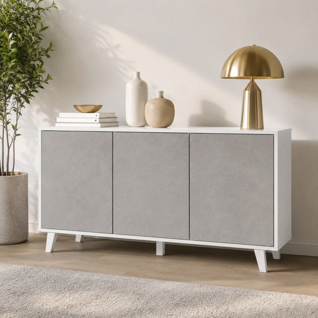 Credenza Moderna Con 3 Ante Battenti Senza Maniglie Mobile Contenitore In Melaminico Per Ingresso Soggiorno E Salotto 154 X 41 X 75 Cm Bianco E Grigio Cemento
