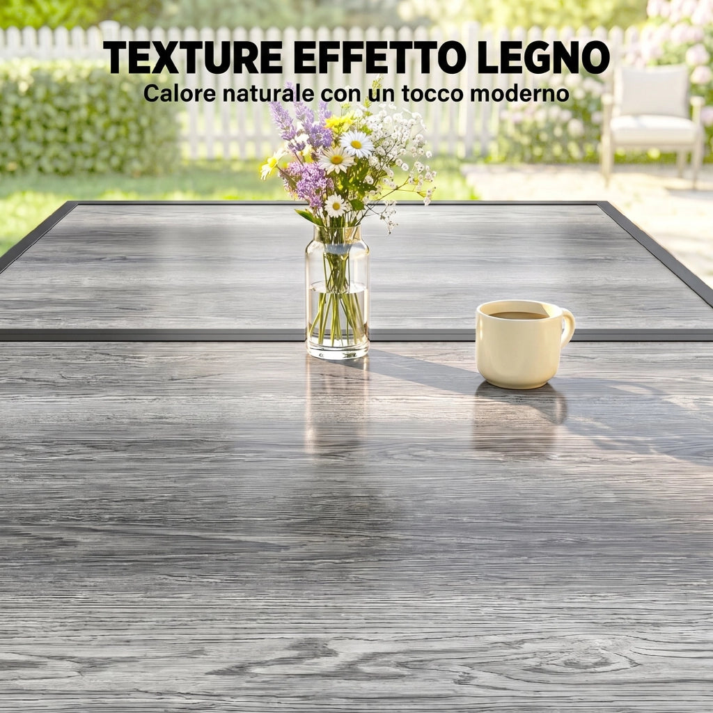 Tavolo da Giardino in Acciaio con Piano Effetto Legno 150x80x74 cm ¨C zephmum ¨C Grigio e Nero