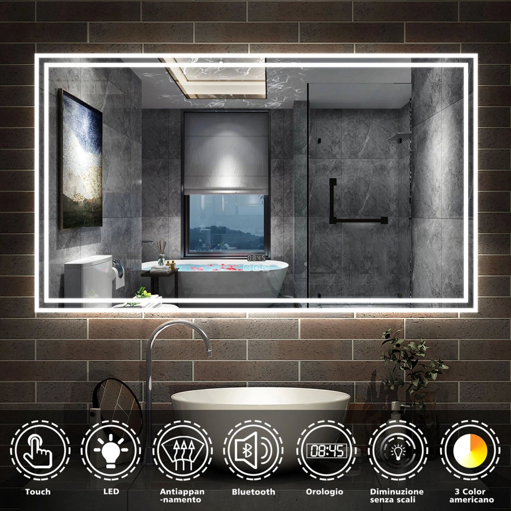Specchio da bagno a LED, 140x80cm, Disappannamento, orologio, Bluetooth, 3 Temperature di Colore