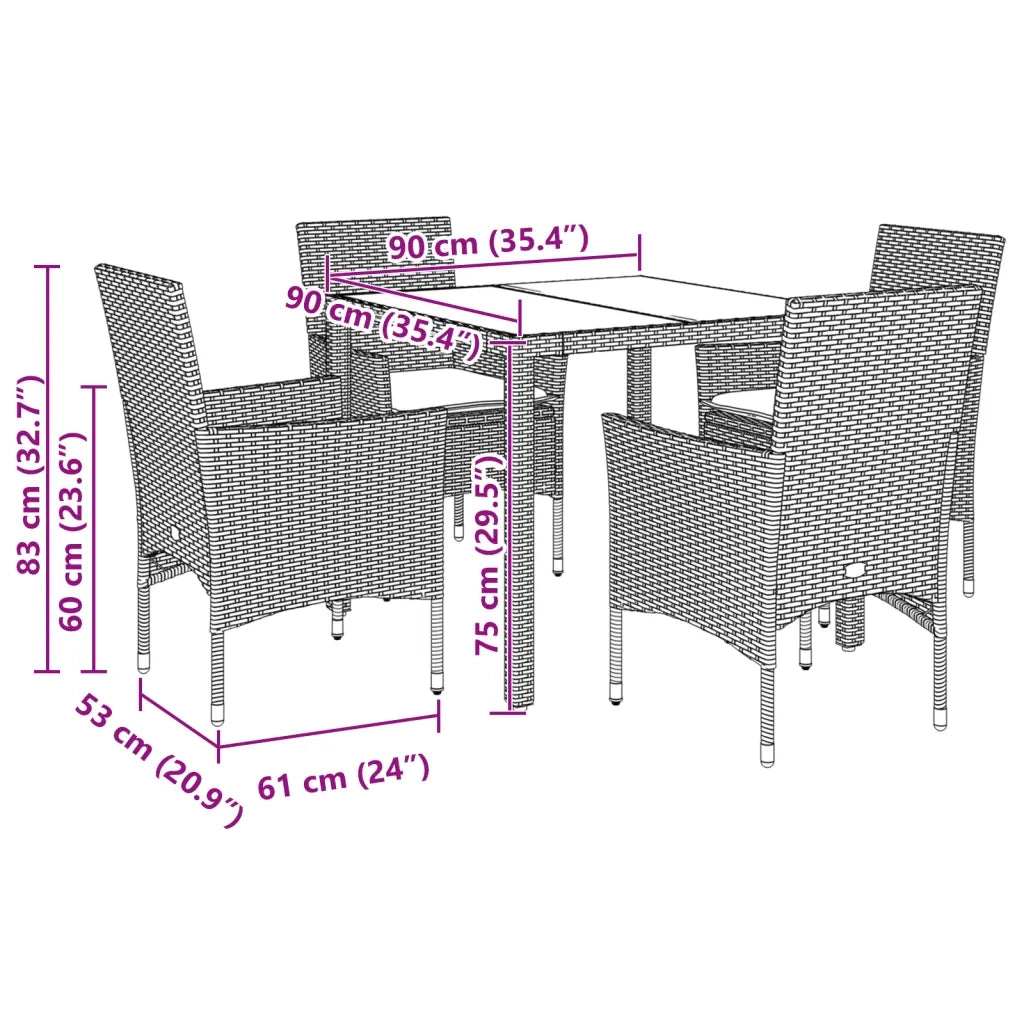 Set da Pranzo da Giardino con Cuscini 5 pz Polyrattan e Vetro