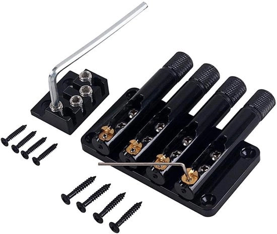 Ponte Chitarristico Fissabile per 4 Corde - Sedile Regolabile - Connettore a Vite per Corde - Morsetto 38mm - Materiale in Ottone/Alleggerente - Spazio per Corde 19mm - Chitarra Senza Testa