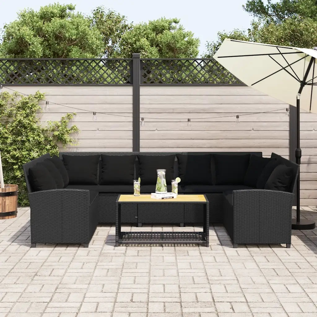 Divano da Giardino con Cuscini in Polyrattan Nero