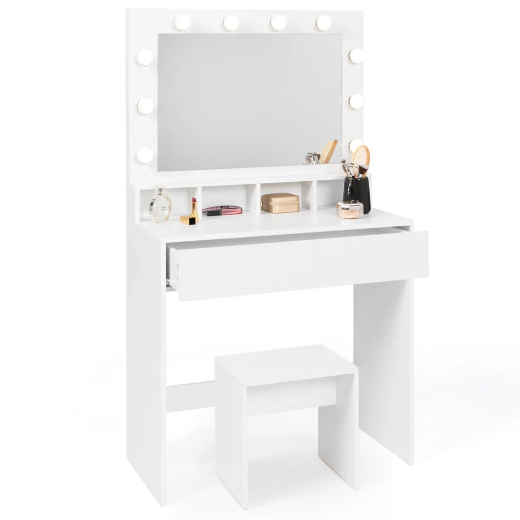 IDMarket - Mobiletto ZELIA con specchio LED, 4 nicchie, 1 cassetto e sgabello