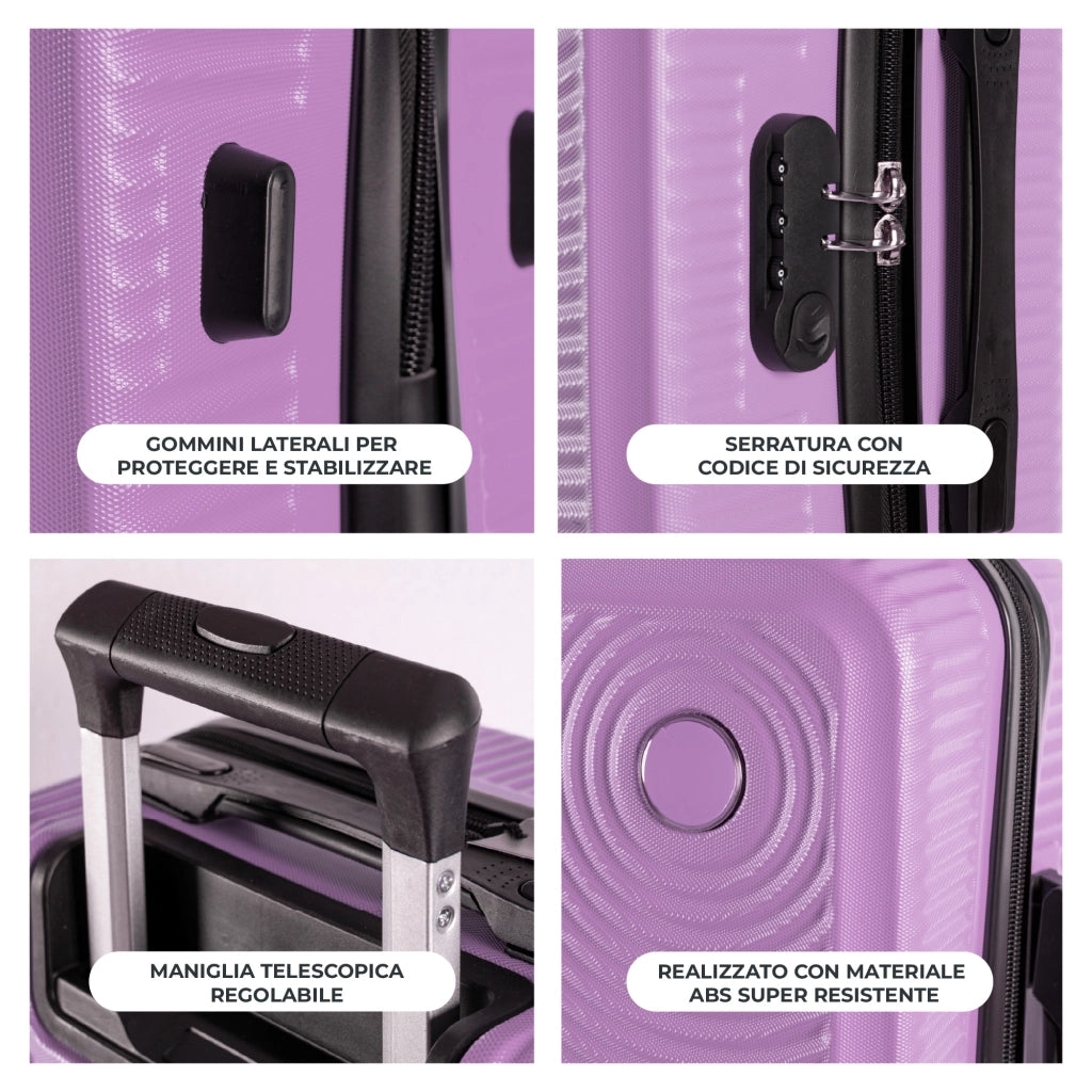 Trolley Bagaglio Mano Rigido 54x33x22 Piccolo Ultraleggero Valigia In Abs Con 4 Ruote Rimovibili Manico Chiusura Di Sicurezza Per Compagnie Low Cost Economy Zaino Da Viaggio Lilla