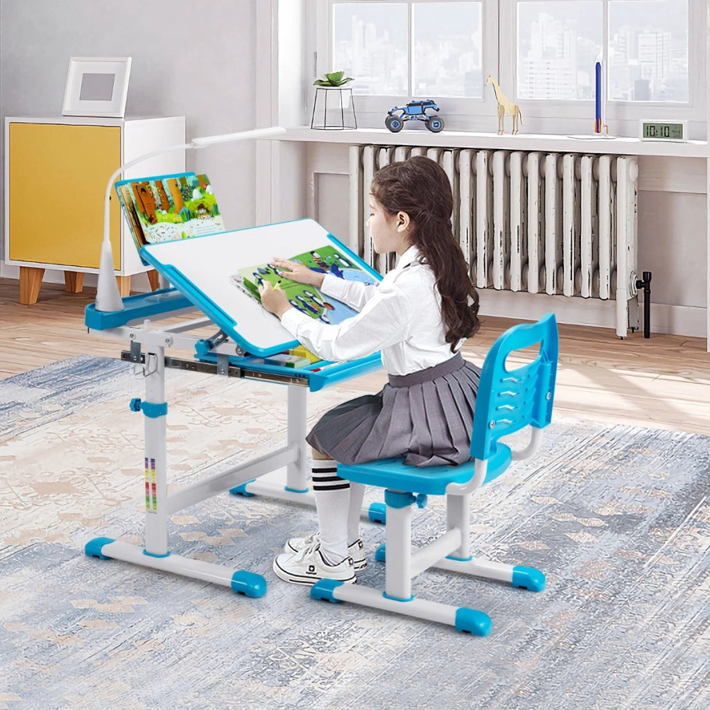 Set scrivania e sedia per bambini con altezza regolabile, Scrivania e sedia con leggio per libri e luce LED Blu-Tavoli e sedie