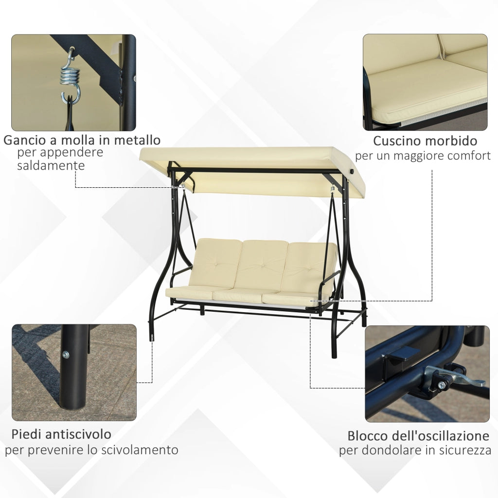 Dondolo da Giardino 3 Posti con Tettuccio Regolabile ¨C Minimal ¨C Tessuto Beige e Metallo Nero