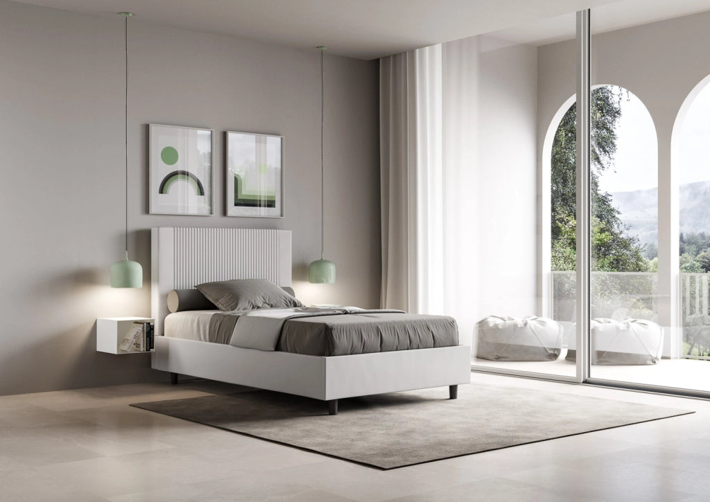 BS COM Letto una piazza e mezza con rete imbottito 120x190 similpelle bianco