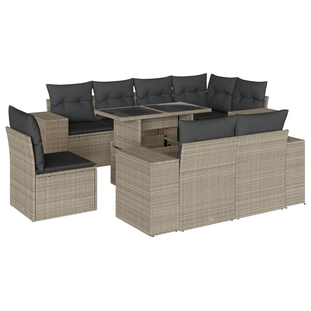 Set Divano da Giardino 9pz con Cuscini Grigio Chiaro Polyrattan