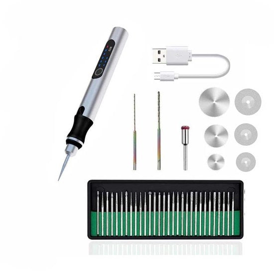 Graveerpen elettrico da 5.000, set di graveatura, mini graveerpen DIY, per uso DIY, ufficio, scuola, gioielli, metallo, vetro, pietra, plastica, legno con 30 punte rotanti e 3 dischi (argento)