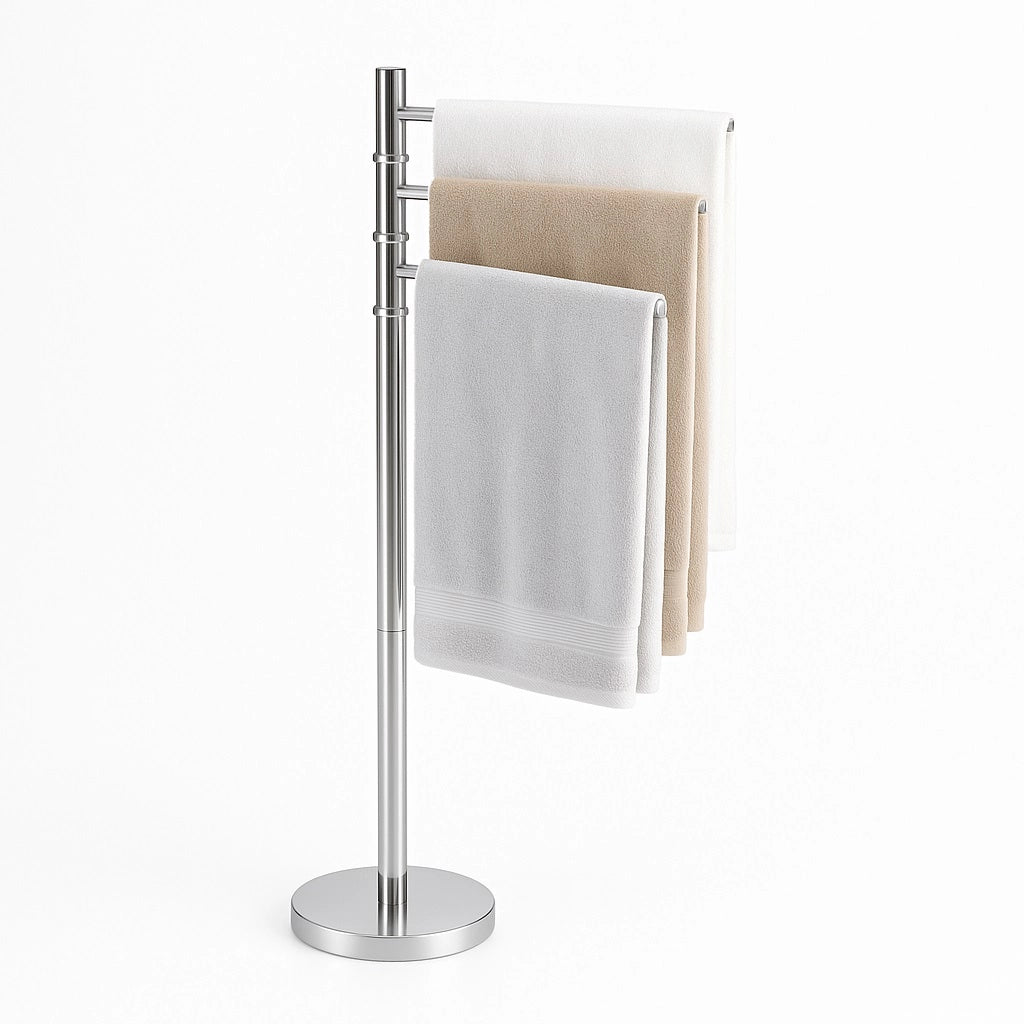 Piantana da Bagno Porta Asciugamani in Acciaio Inox Smaltato Cromo 3 Braccia Girevoli