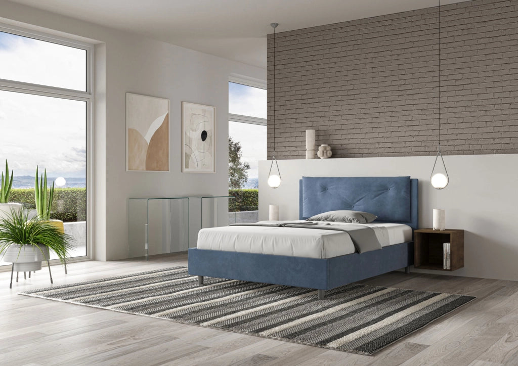 Letto Matrimoniale Francese 140x210 cm con Rete Imbottito in Microfibra Appia Large Blu