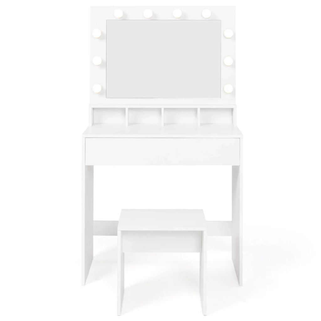 IDMarket - Mobiletto ZELIA con specchio LED, 4 nicchie, 1 cassetto e sgabello