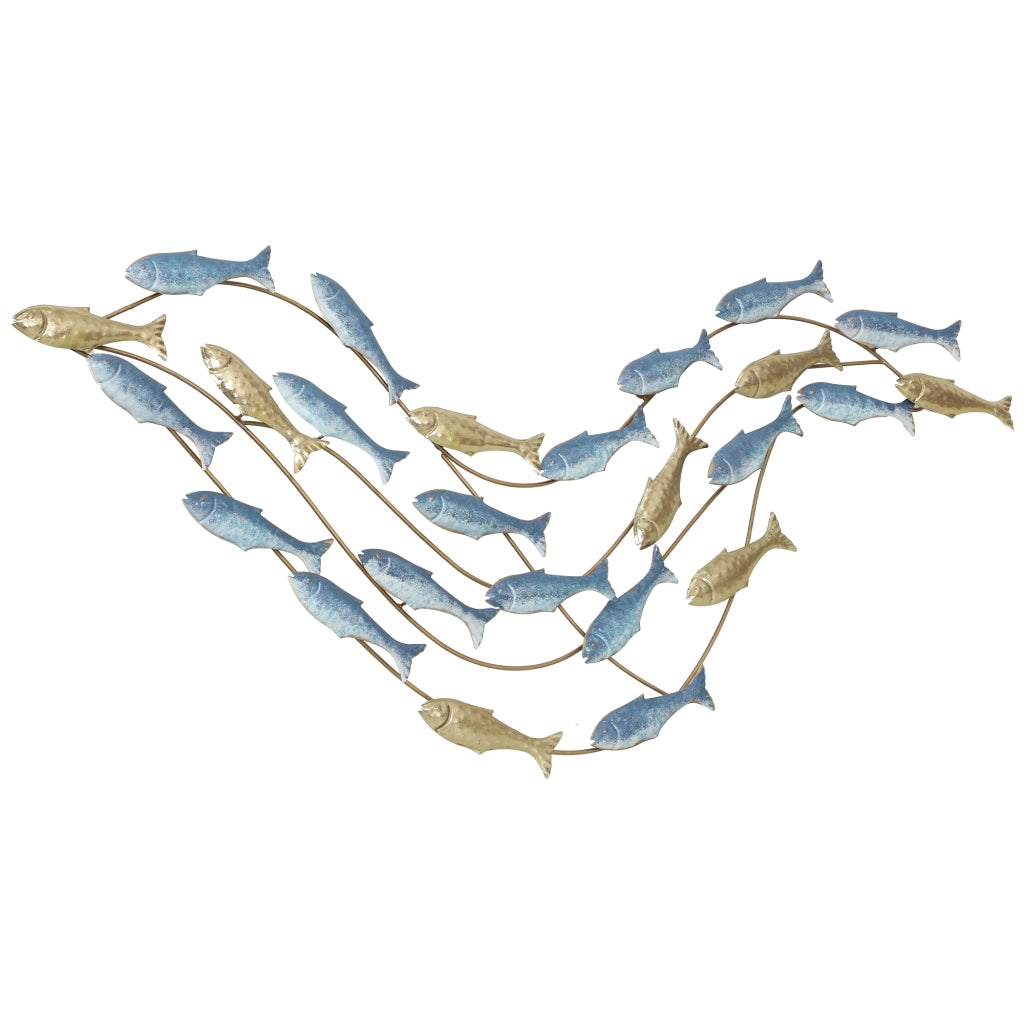 Wall Art Banco di Pesci in Metallo con Viti Incluse, 99.7x3.8x50.2 cm, Oro e Blu