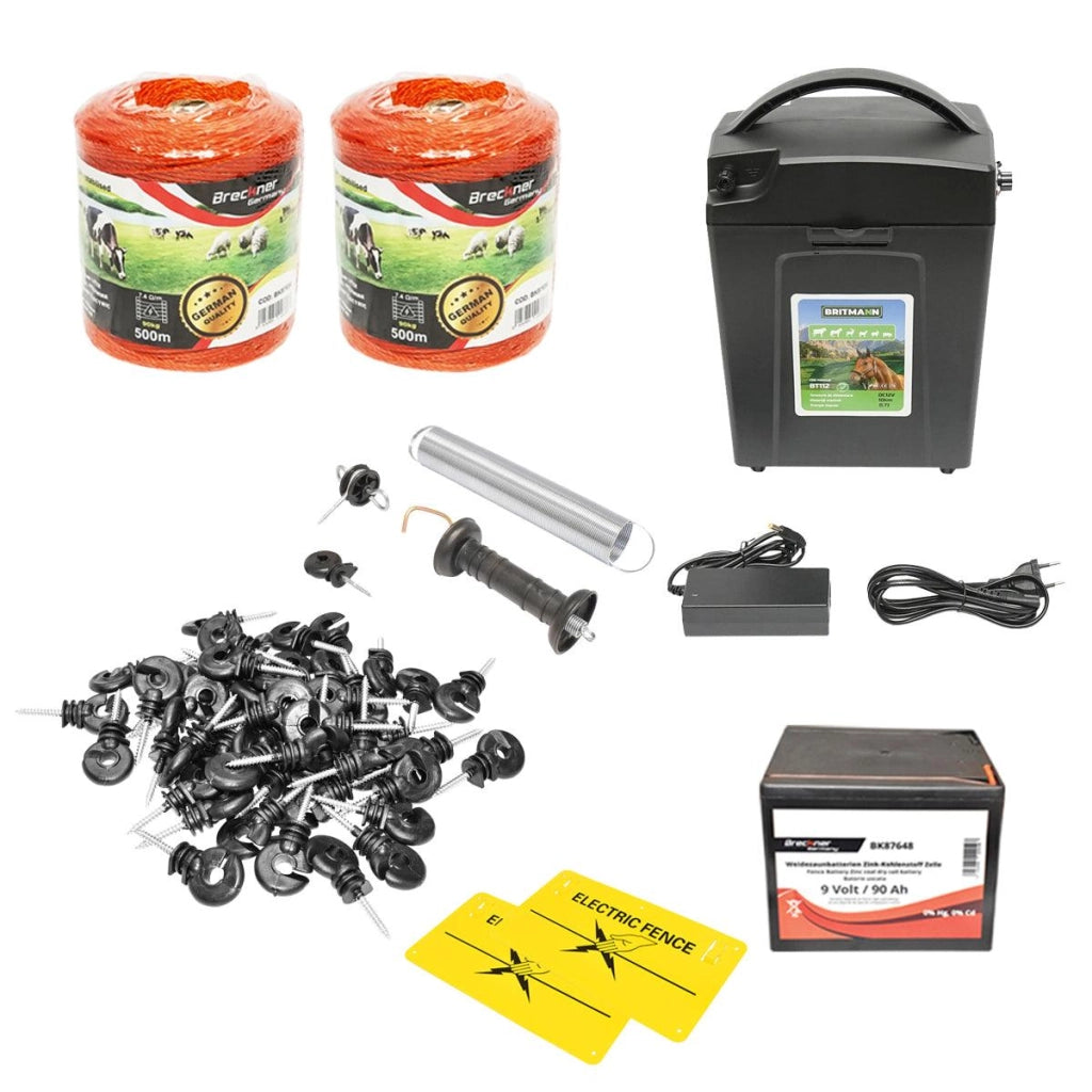 Kit Completo Recinto Elettrico Elettrificatore 9/12V, 0,7 Joule, Filo 1000 MT, 100 isolatori, 2 maniglie porta e molla tensione, batteria a secco 9V/90Ah, recinzioni elettriche Breckner Germnany