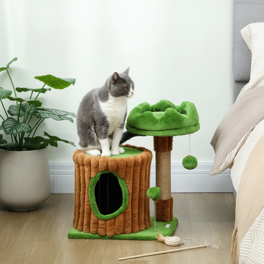 Tiragraffi per Gatti con Casa e Letto ¨C Minimal ¨C Marrone e Verde 53 cm