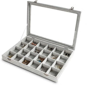 Organizzatore di gioielli con coperchio trasparente, 24 caselle, pezzo di carrello in velluto, scatola di conservazione di gioielli con coperchio in vetro, display di gioielli con slot, regalo per donna (grigio, 24 caselle)