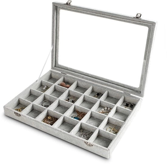 Organizzatore di gioielli con coperchio trasparente, 24 caselle, pezzo di carrello in velluto, scatola di conservazione di gioielli con coperchio in vetro, display di gioielli con slot, regalo per donna (grigio, 24 caselle)