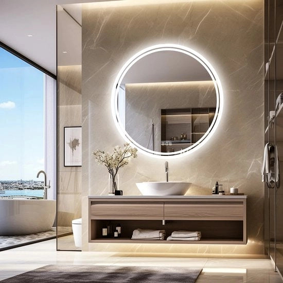 Specchio Bagno con Luce a Led - Circolare - Illuminazione di Fondale - Specchio con Illuminazione della Parete - Scegli la Temperatura di Luce - Anti-Condensazione - 3 Colori Cambiabili - IP65 Dimmabile - Diametro 60cm
