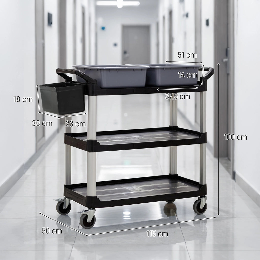 Carrello Pulizie Professionale 115x50x100 cm a 3 Ripiani con 2 Contenitori Rimovibili Bidone Laterale e 4 Ruote in PP