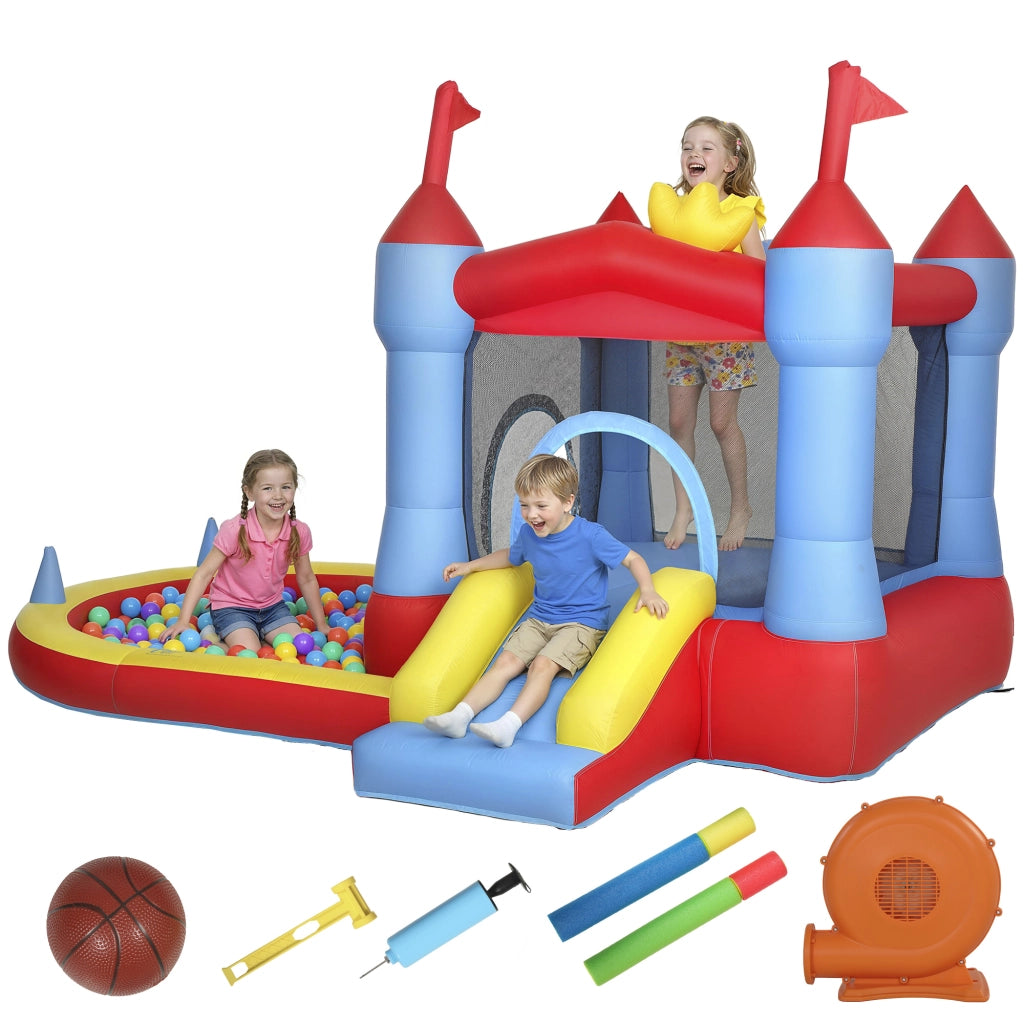 Castello Gonfiabile per Bambini con Scivolo, Piscina/Palline, Canestro da Basket e Soffiatore