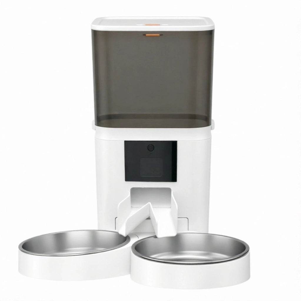Distributore Automatico per Gatti WiFi 6 L con Doppia Ciotola in Acciaio Inox Bianco e Nero