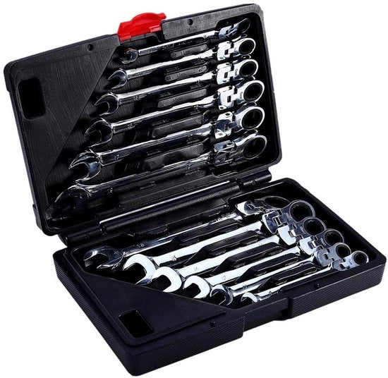 Set di chiavi a ratti 12 pezzi - 8-19 mm - 72 denti - 5° angolo di ritorno - cacciavite in plastica - finitura acciaio cromo-vanadio - set di chiavi a ratti