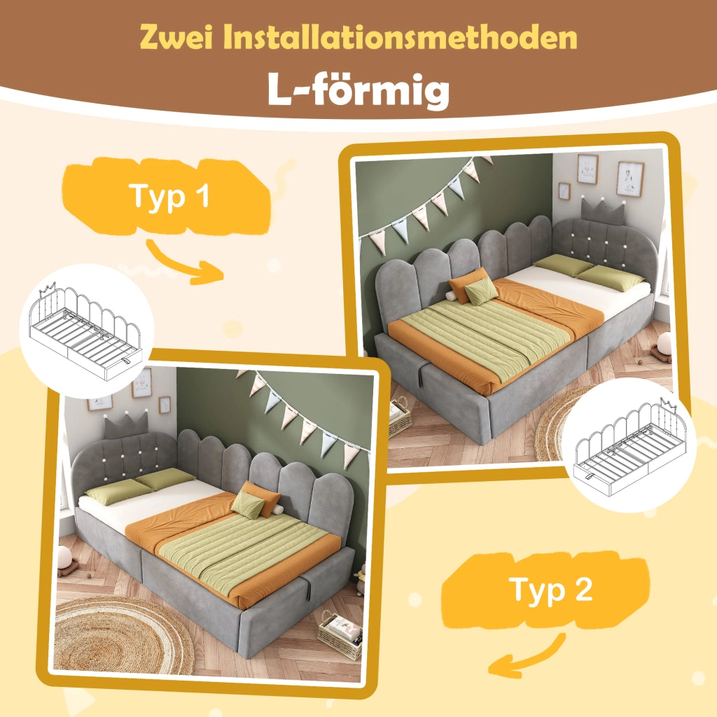 Daybed imbottito a L – 90x190 cm – contenitore idraulico – velluto grigio