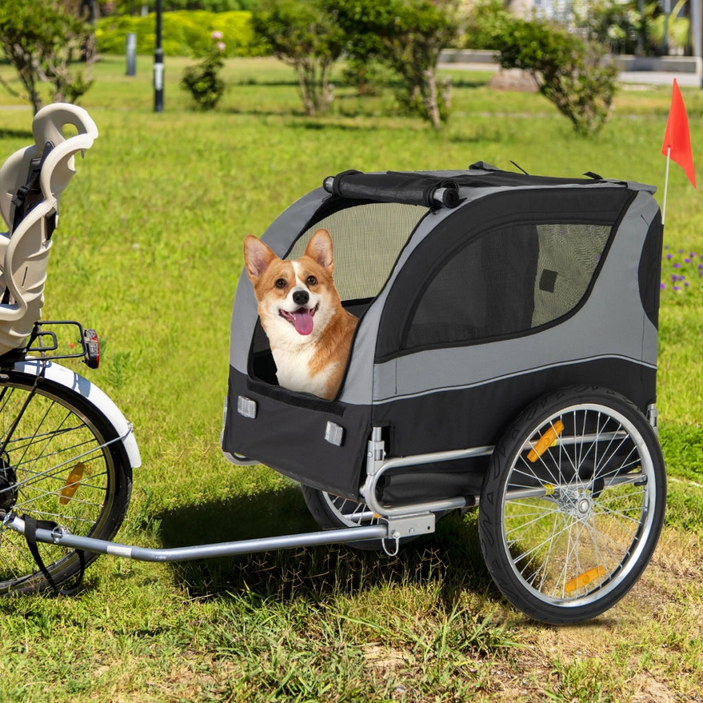 Rimorchio bici per animali domestici con ruote 50cm tettuccio apribile, Rimorchio per bicicletta per cani Grigio
