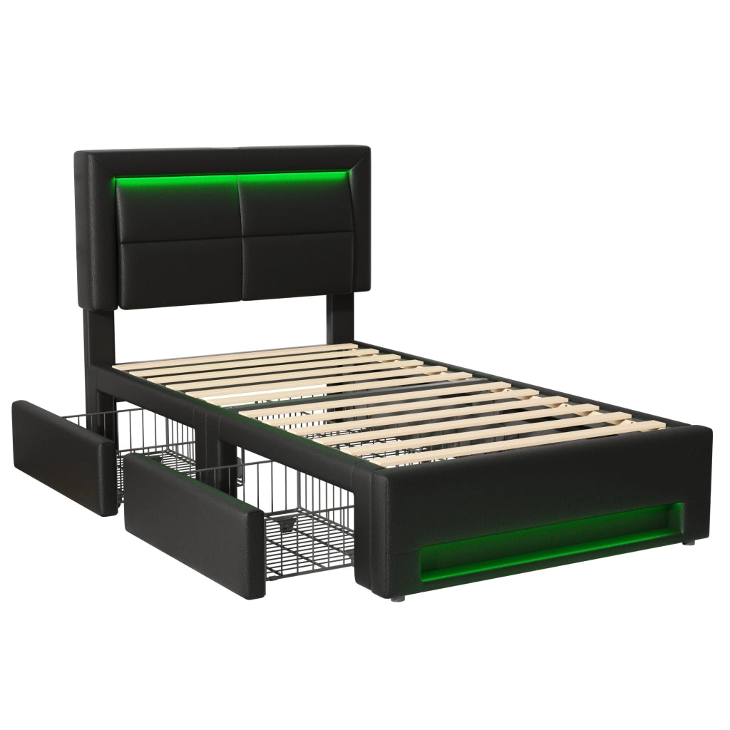 Letto imbottito 90x190 cm in PU nero con USB, LED e 4 cassetti