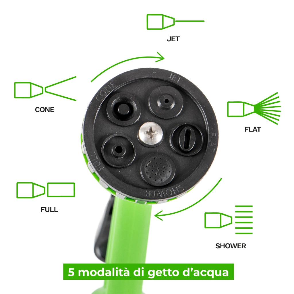 Tubo Irrigazione Spiralato con Pistola Multifunzione 7,5 / 10 / 15 m Estensibile da Giardino con Raccordi Rapidi 15 Metri