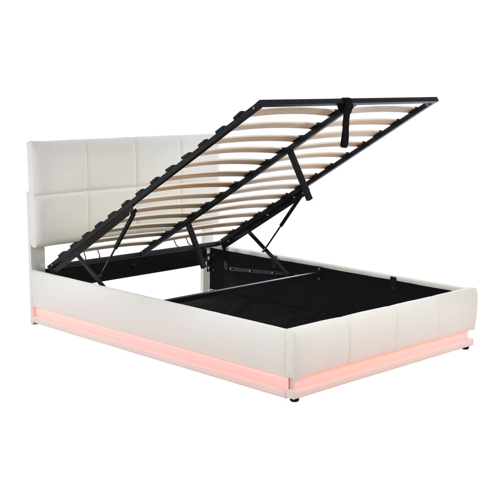 Letto doppio imbottito 140x200cm con luce LED e riporto sotto il letto bianco