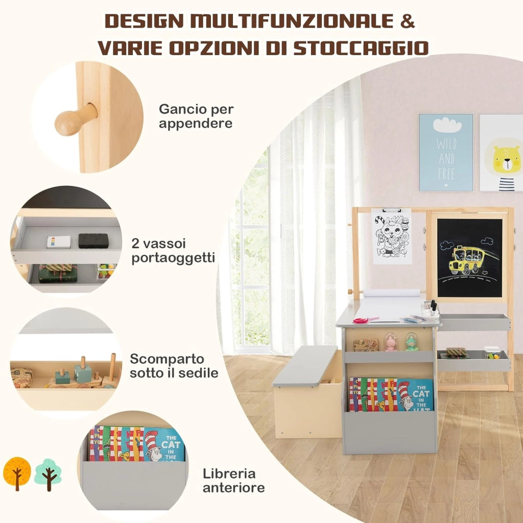 Set 3 in 1 Tavolo e Sedie per Bambini 3+ Anni, Tavolo in Legno Sicuro con Lavagna Cancellabile, Magnetica, Cavalletto Regolabile, Libreria e Accessori Artistici, per Disegno (Grigio)