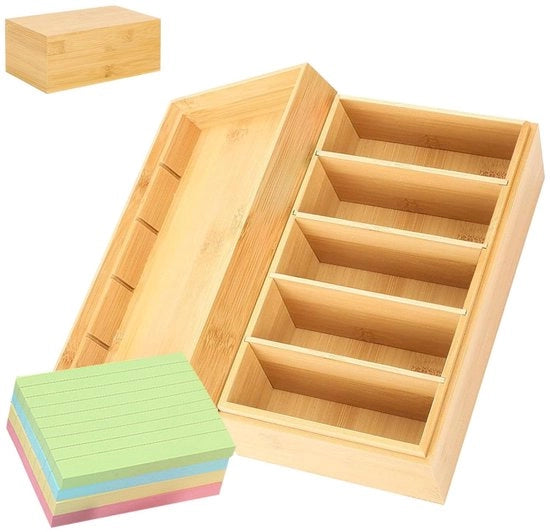Cassa per carte in legno con coperchio - 4 pareti divisorie rimovibili - 400 fogli per appunti - legno di bambù - organizzazione delle carte - cassa per archiviazione