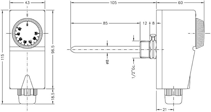 TERMOSTATO AD IMMERSIONE TURE 10 elettromeccanico in custodia plastica, ad immersione, regolabile da 30 a 90°C, lunghezza 10 cm