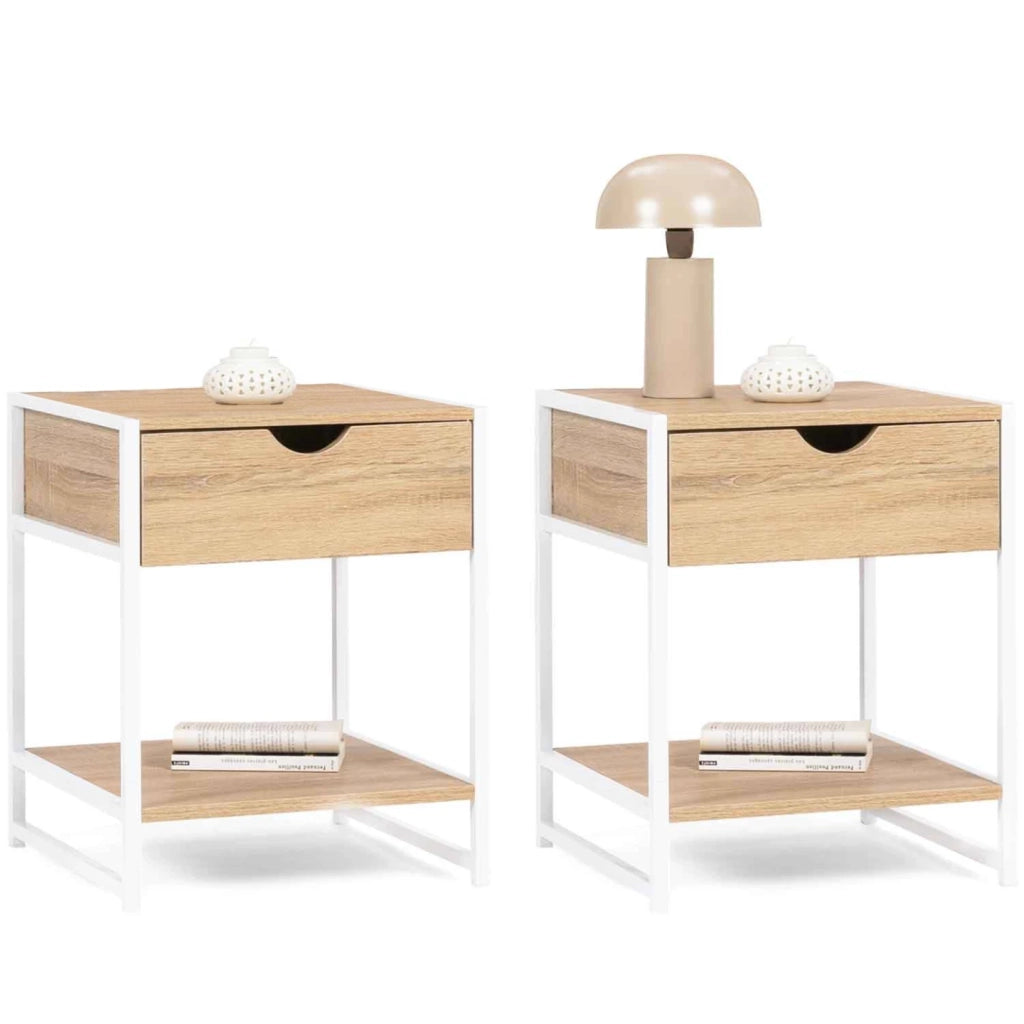 IDMarket - Set di 2 comodini DETROIT, design industriale, legno e metallo bianco