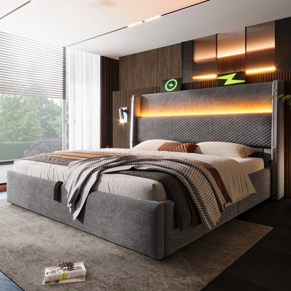 Letto matrimoniale contenitore 180 × 200 cm, LED, USB e Type-C, materasso incluso, testiera alta, lino grigio