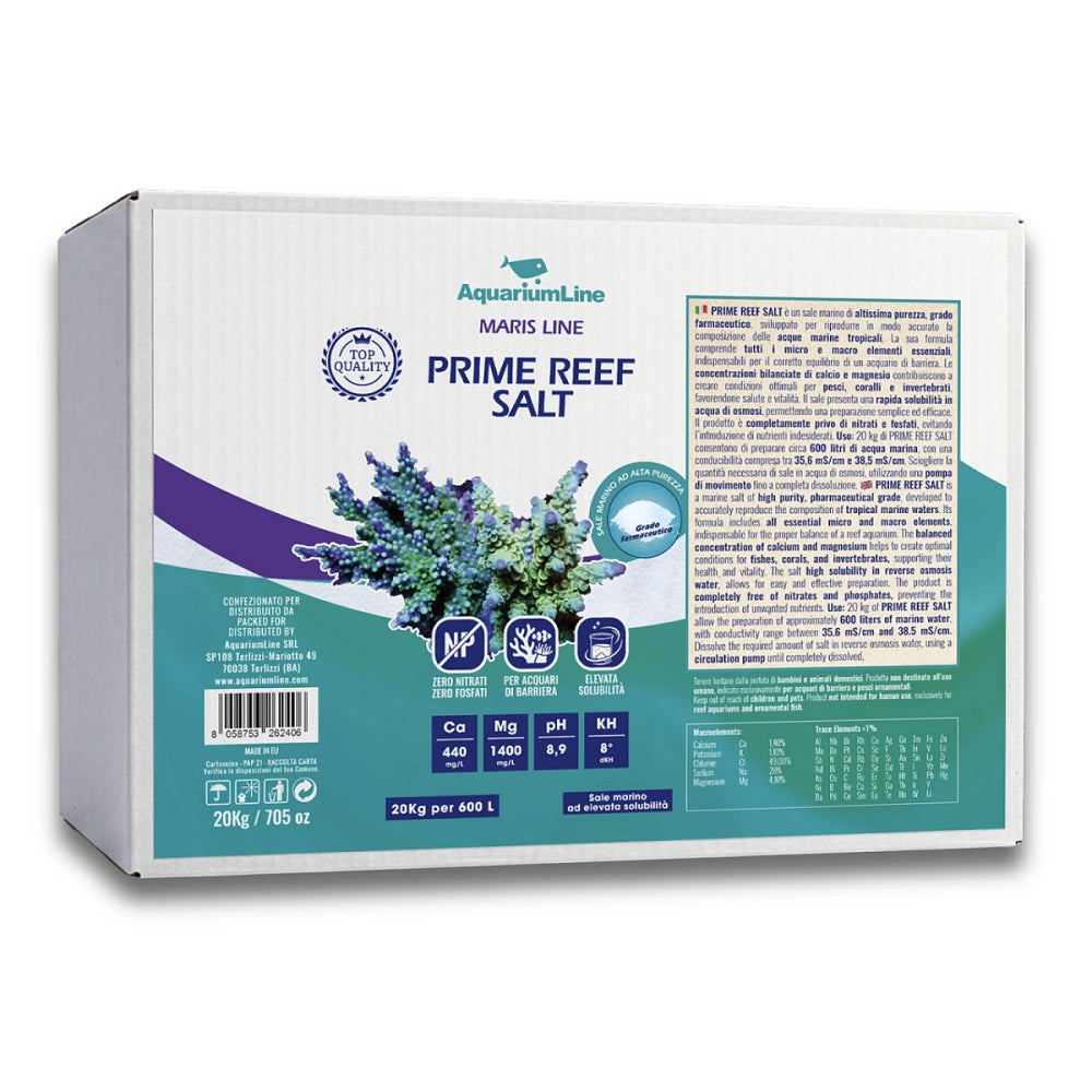AquariumLine Prime Reef Salt cartone 20kg per 600L - sale marino di grado farmaceutico per acquari di barriera
