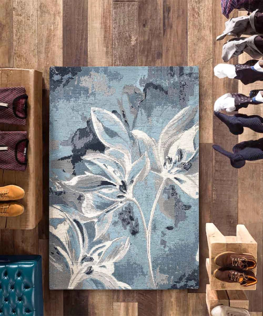 Tappeti Arredo VANILLA AZZURRO salotto soggiorno camera, disegno fiori vaniglia motivo floreale, multiuso lavabile antiscivolo cm.65x110 (Coppia)