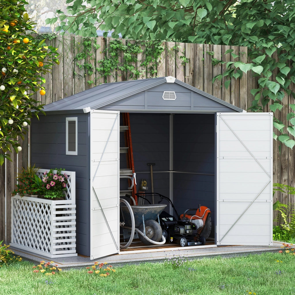 Capanno da giardino 4;1 m3; capanno da giardino con tetto monofango; 240 x 190 x 180/228 cm; capanno per attrezzi con porta chiudibile a chiave; finestra; garage per biciclette; armadietto in alluminio; per giardino; giardino; grigio