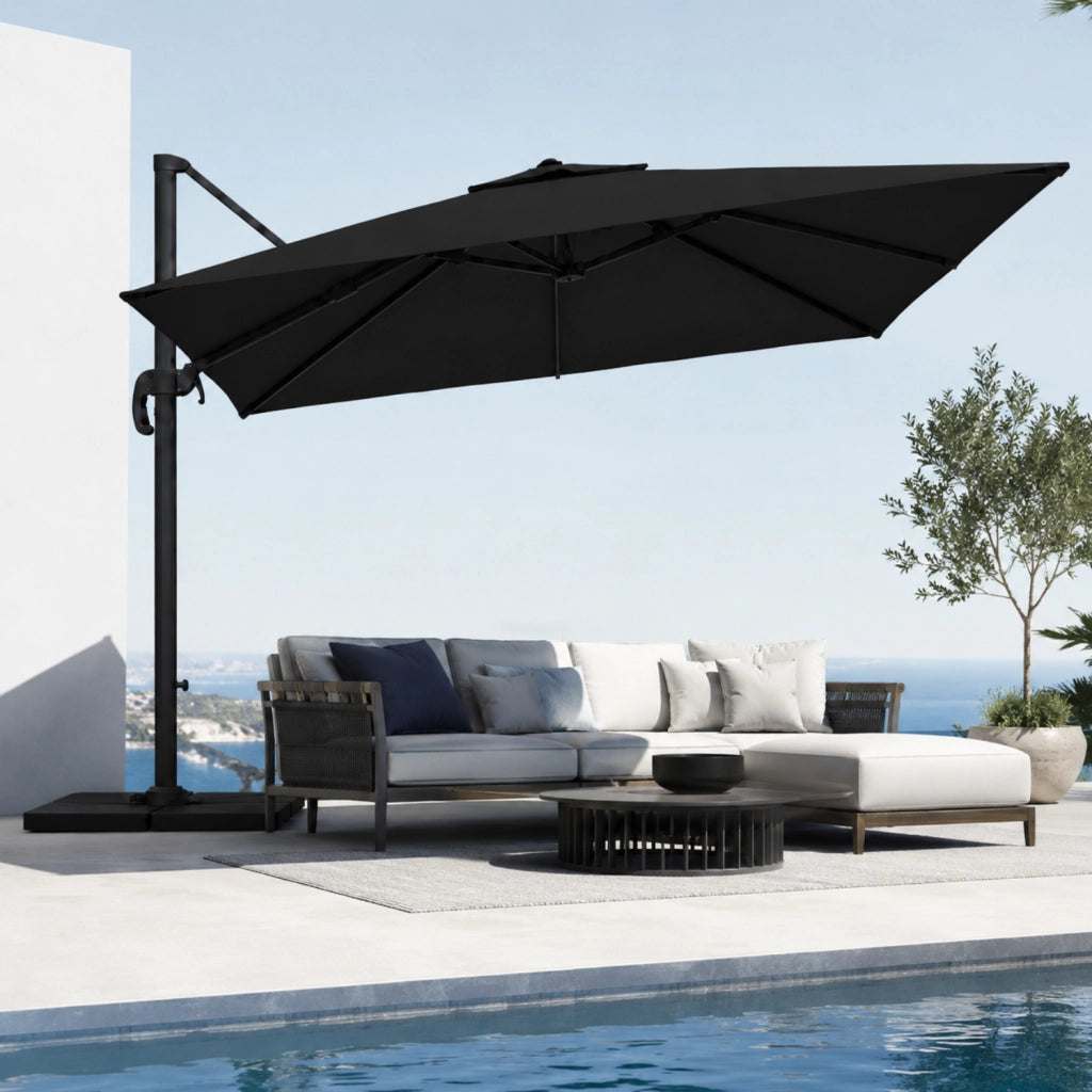 Ombrellone 3x3 M Giardino Braccio Retrattile Per Esterni Gazebo Piscina Terrazze Bar Hotel In Acciaio Inossidabile Braccio Rotabile 360° Telo 180 G/M2 Impermeabile Resistente Ai Raggi UV Nero