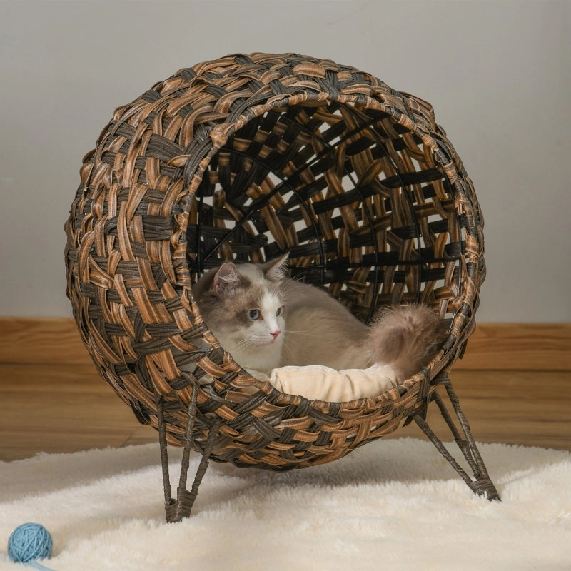 Cuccia per gatti in rattan PE con cuscino in velluto e poliestere base rialzata marrone