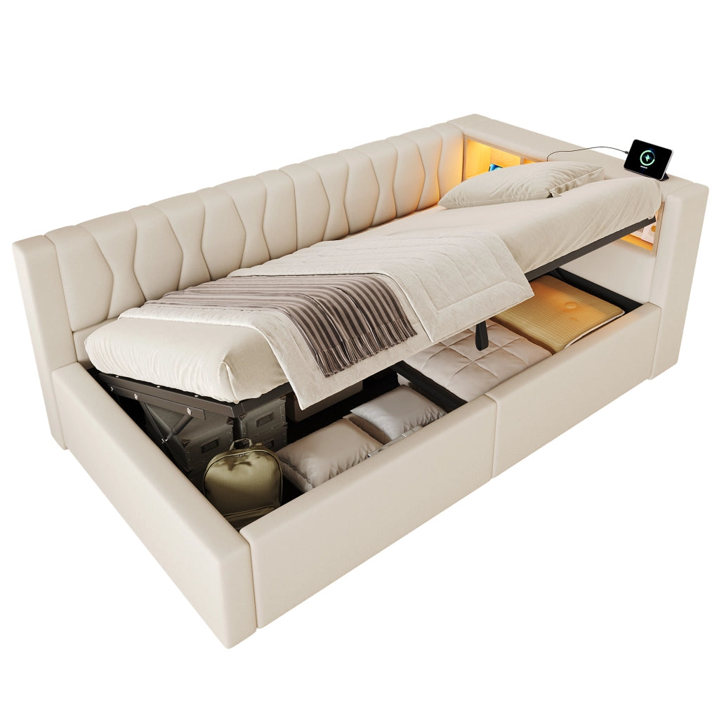 Letto contenitore 90x200 cm con LED dimmerabile; testiera con ripiano e prese USB; beige