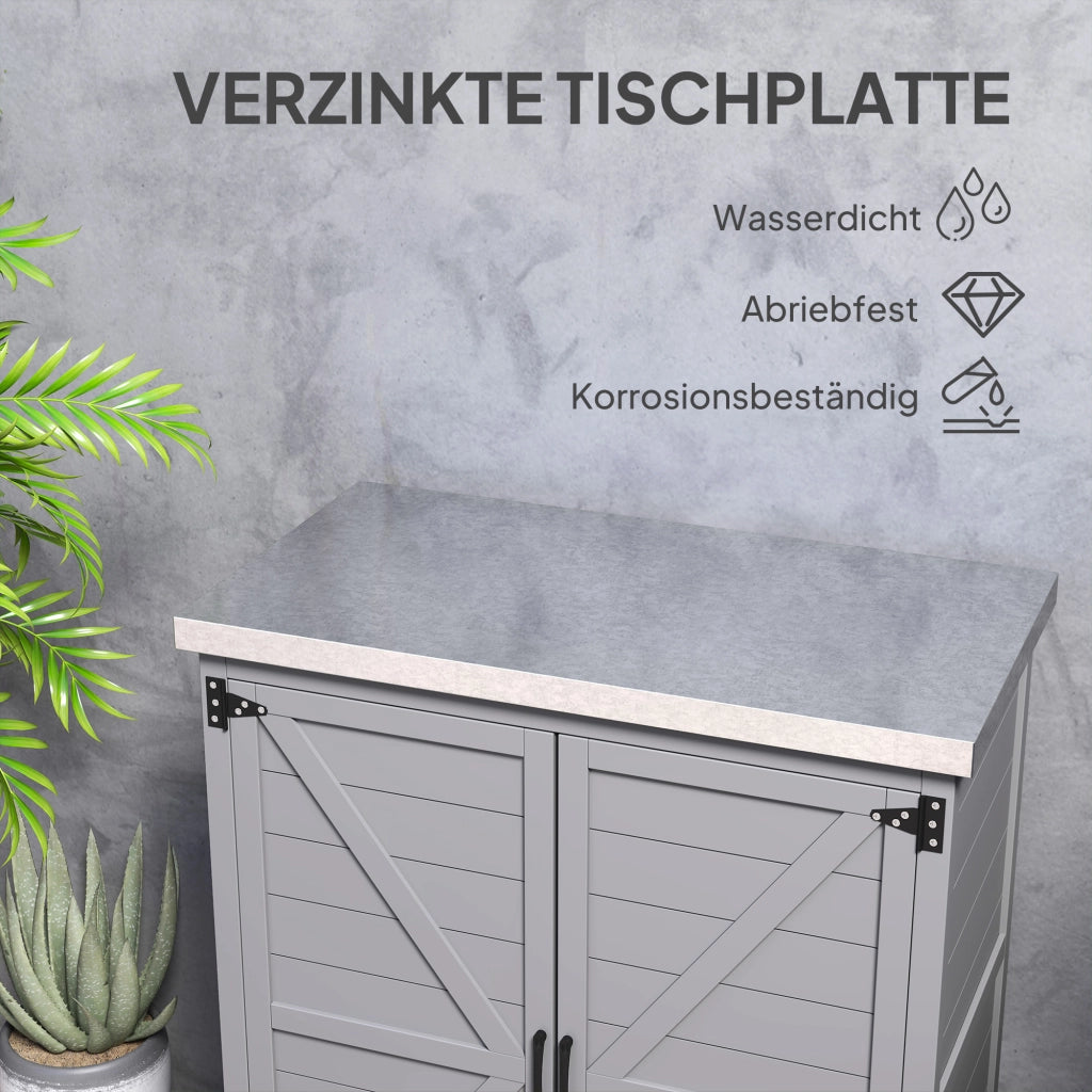 Armadio da giardino in legno Capanno da giardino impermeabile con piano di lavoro; doppia porta; mensole; mobile da giardino Armadio per il deposito Armadietto poliuso per giardino; terrazza 79 x 43 x 92 cm grigio